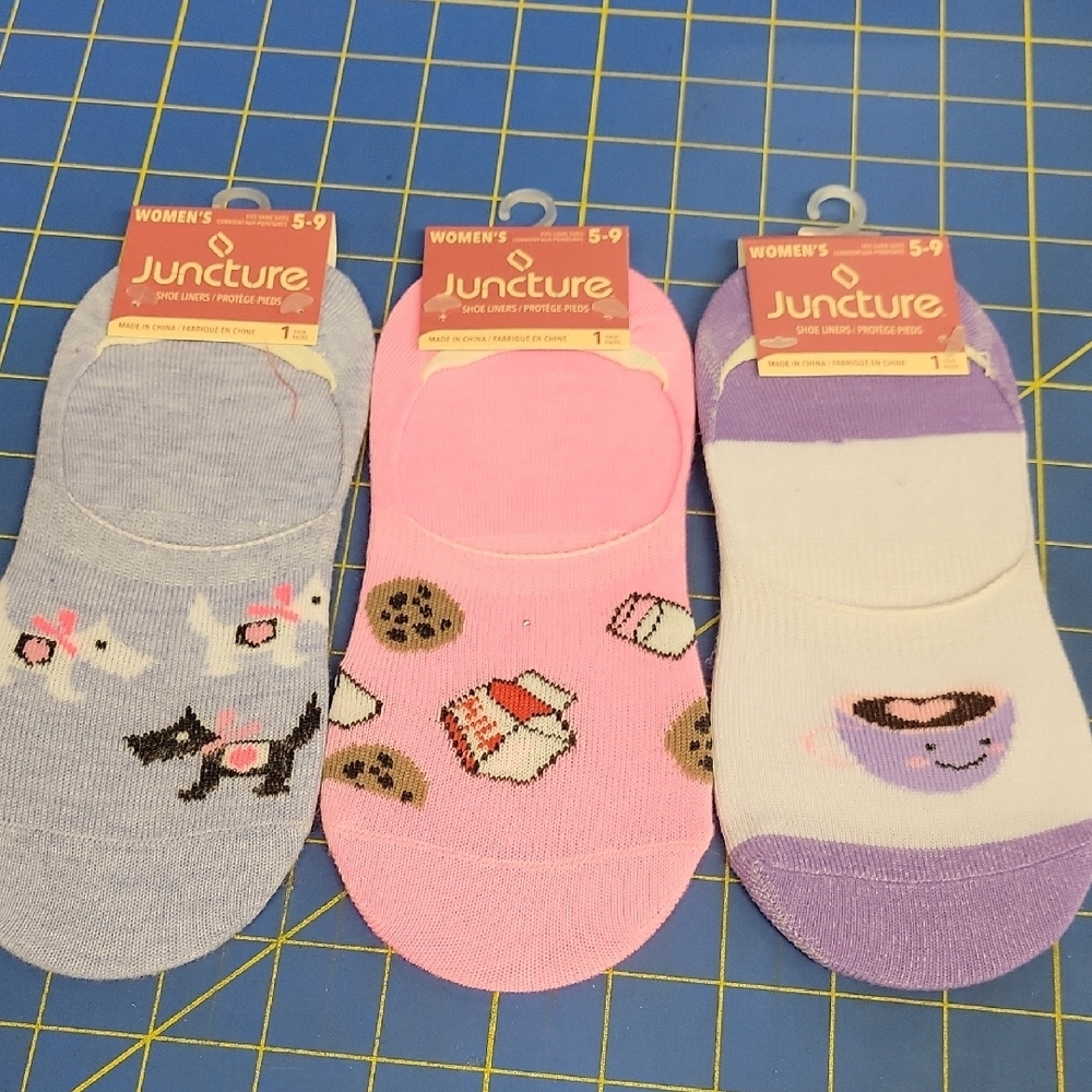 Juncture Shoe Liner Socks Lot of 3 Pair Dogs Milk & Cookie Coffee Cup Size 5-9